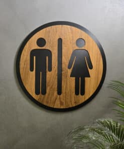 Round Dark Wood effect and Black Restroom Sign